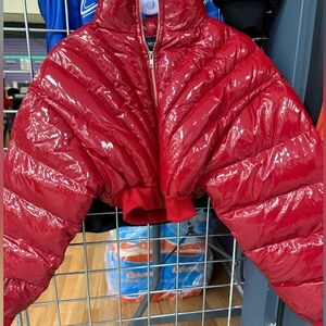 Red latex bomber jacket